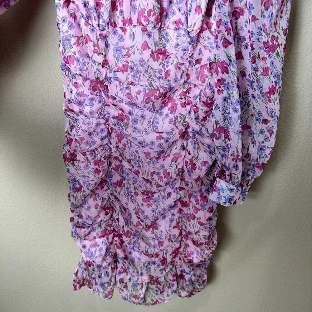 ZARA Purple Pink Floral Ruched Sheer Long Sleeve Mini Dress Size Small